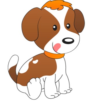 Logo de la marca. Un perro sentado blanco,marron y naranja